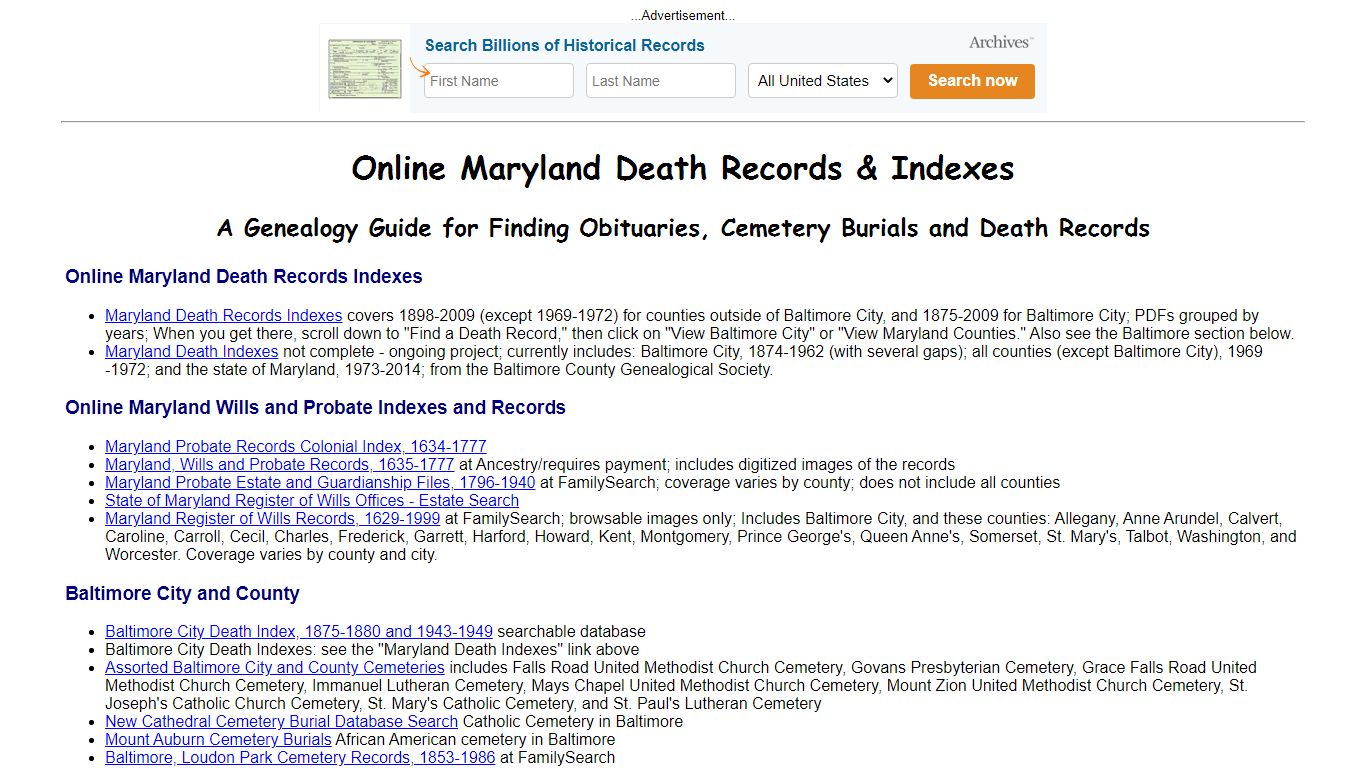 Online Maryland Death Indexes, Records & Obituaries